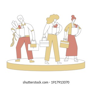 Unemployment concept. Dismissed sad characters holding paper box. Work crisis. Fired unhappy man and two women standing with his things. Three coworkers standing together. Vector illustration. 