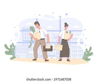 Unemployment Concept. Dismissed Sad Characters Holding Paper Box. Work Crisis. Fired Unhappy Two Friends Standing With His Things. Coworkers Standing Together. Vector Line Art Illustration. 