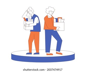 Unemployment Concept. Dismissed Sad Characters Holding Paper Box. Work Crisis. Fired Unhappy Two Friends Standing With Their Things. Coworkers Standing Together. Vector Line Art Illustration. 