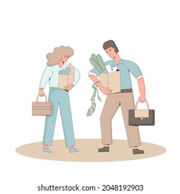 Unemployment Concept. Dismissed Sad Characters Holding Paper Box. Work Crisis. Fired Unhappy Two Friends Standing With His Things. Coworkers Standing Together. Vector Line Art Illustration. 