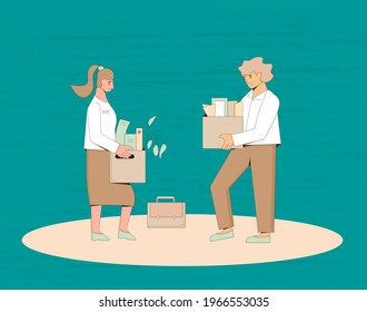 Unemployment Concept. Dismissed Sad Woman And Man Holding Paper Box. Work Crisis. Fired Unhappy Two Friends Standing With His Things. Coworkers Standing Together. Vector Line Art Illustration. 