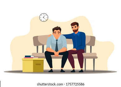 Unemployment concept. Dismisses employee leaves workplace at office. Depressed man sits at sofa, colleague support, belongings in box. Jobless troubles, job reduction. Vector character illustration