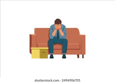 Unemployment concept. Dismisses employee leaves workplace at office. Depressed man sits at sofa, belongings in box. Jobless troubles, job reduction. Vector character illustration