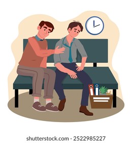 Unemployment concept. Dismisses employee leaves workplace at office. Depressed man sits at sofa, colleague support, belongings in box. Jobless troubles, job reduction. Vector character illustration.