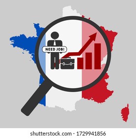 Unemployment concept with France map. Unemployment rates are on the rise worldwide and in France due to corona virus outbreak. Economics crisis.