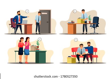 Concepto de desempleo. Escenas de Office: jefe destituye a empleado, hombre triste recoge pertenencias personales en caja, mujer llorando, hombre deprimido por despido, apoyo a colega. Ilustración de carácter de vector