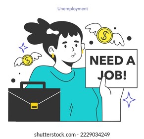 Unemployment concept. Social problem of occupancy, job offer and workplace shortening. Economy theory. Flat vector illustration
