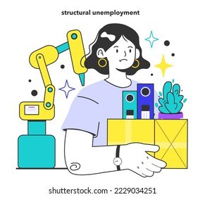 Unemployment concept. Social problem of occupancy, job offer and workplace shortening. Structural unemployment type, economy theory. Flat vector illustration