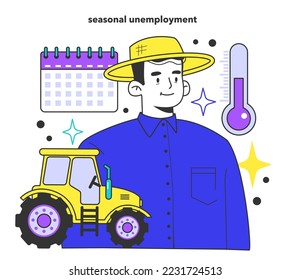 Unemployment concept. Social problem of occupancy, job offer and workplace shortening. Seasonal unemployment type, economy theory. Flat vector illustration