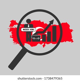 Unemployment concept with Turkey map. Unemployment rates are on the rise worldwide and in Turkey due to coronavirus outbreak. Economics crisis.