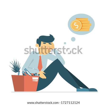 Unemployment concept vector isolated. Sad unemployed man with a box. Global crisis, dismissed employee thinks about money.