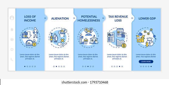 Unemployment consequences onboarding vector template. Negative effects of joblessness, labor crisis results. Responsive mobile website with icons. Webpage walkthrough step screens. RGB color concept