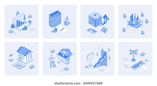 Unemployment and crisis 3d isometric concept set with isometric icons design for web. Collection of global economic recession with financial problems, job loss, employee fired. Vector illustration