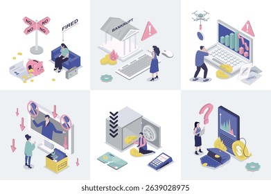 Unemployment and crisis 3d isometry concept for web design. Collection set with isometric people was fired, financial problems, jobless, global economic recession with arrow down. Vector illustration.
