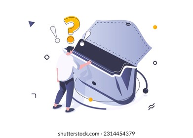 Unemployment crisis concept in 3d isometric design. Sad man looking to empty wallet and has financial problem, bankruptcy and poverty. Vector illustration with isometric people scene for web graphic