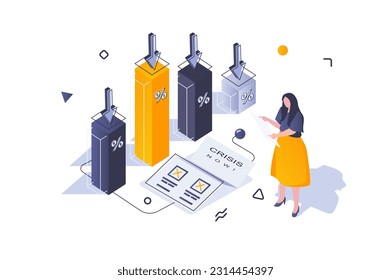 Unemployment crisis concept in 3d isometric design. Woman analysis company performance on graphs with arrows down, financial problems. Vector illustration with isometric people scene for web graphic