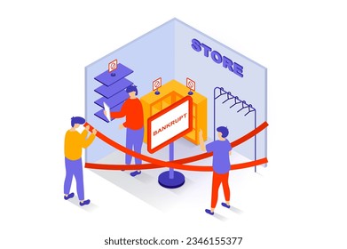 Unemployment and crisis concept in 3d isometric design. People have financial problems and close unprofitable store, lose business and carrier. Vector illustration with isometry scene for web graphic