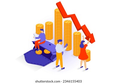 Unemployment and crisis concept in 3d isometric design. People analysis financial losses on graphs with arrows down, devaluation and default. Vector illustration with isometry scene for web graphic