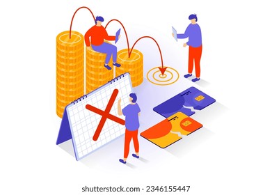 Unemployment and crisis concept in 3d isometric design. People analyze financial charts with losses and recession trend, break credit cards. Vector illustration with isometry scene for web graphic