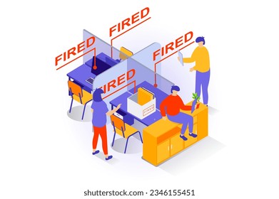 Unemployment and crisis concept in 3d isometric design. People lose jobs, get fired notices from office, get careers crash and frustration. Vector illustration with isometry scene for web graphic