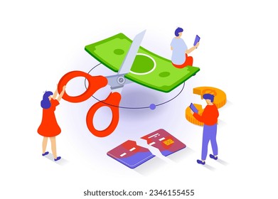 Unemployment and crisis concept in 3d isometric design. People have financial problems and debts, cut cash with scissors and break credit card. Vector illustration with isometry scene for web graphic