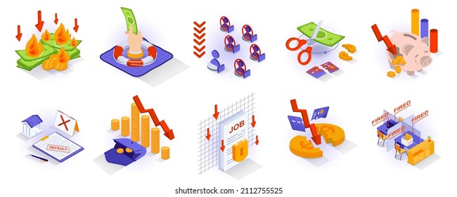 Unemployment And Crisis Concept Isometric 3d Icons Set. Bankruptcy And Loss Of Money Savings, Job Loss, Financial Crisis At Company, Default, Debts, Isometry Isolated Collection. Vector Illustration