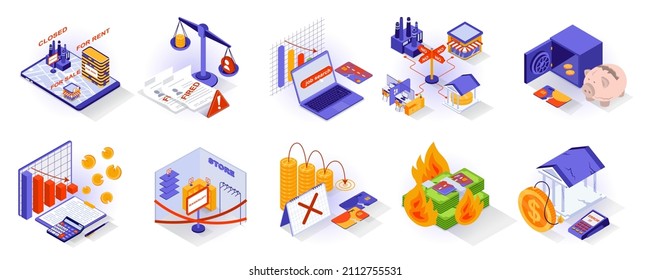 Unemployment and crisis concept isometric 3d icons set. Mass layoffs, business closures, sale of real estate for debts, loss of money, bankruptcy, isometry isolated collection. Vector illustration