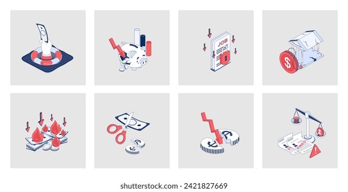 Unemployment and crisis concept of isometric icons in 3d isometry design for web. Financial problems and job loss, poverty and jobless, global economic recession with arrow down. Vector illustration