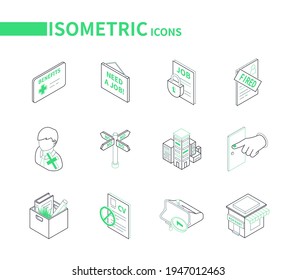 Unemployment and crisis - modern line isometric icons set. HR and job search idea. Fired sign, no money in a purse, house for rent, rejected resume, office building and finger pointing to a door