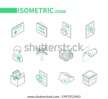 Unemployment and crisis - modern line isometric icons set. HR and job search idea. Fired sign, no money in a purse, house for rent, rejected resume, office building and finger pointing to a door