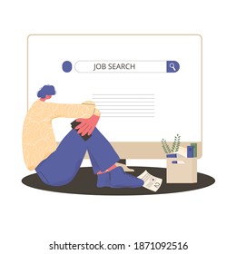 Unemployment. Dismissed worker try to find a job online. Fired man sitting near huge computer, he is confused and disappointed. Sad person thinking about life and money. Vector flat illustration. 