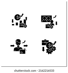 Unemployment Glyph Icons Set. Rate, Downsizing, Jobless, Pay Cuts. Joblessness Concept. Filled Flat Signs. Isolated Silhouette Vector Illustrations