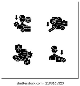 Unemployment Glyph Icons Set.Technological Unemployment, Claim, Fixed-term Contract, Jobless. Joblessness Concept.Filled Flat Signs. Isolated Silhouette Vector Illustrations