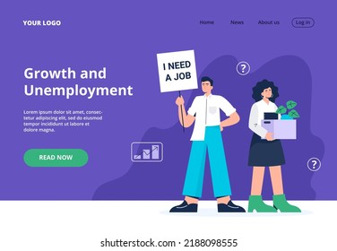 Unemployment growth. Unemployed people in the covid-19 virus crisis and the economic collapse. People are fired and looking for a new jobs. Vector flat illustration from landing page or banner.