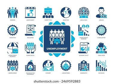 Arbeitslosensymbol gesetzt. Arbeitslosigkeit, Globalisierung, Konkurs, Regulierung, Arbeitsmarkt, Wirtschaft, Arbeitnehmer, Humankapital. Zweifarbige Volltonsymbole