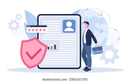 Unemployment insurance concept. Man with briefcase near contract. Protecting rights of employees upon dismissal or retirement. Social benefits for workers. Flat vector illustration