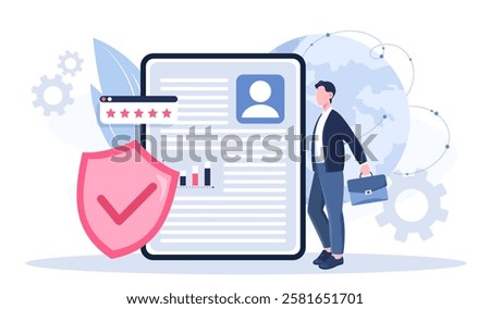 Unemployment insurance concept. Man with briefcase near contract. Protecting rights of employees upon dismissal or retirement. Social benefits for workers. Flat vector illustration