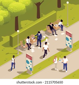 Unemployment isometric composition with jobless people in the park vector illustration