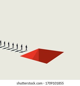 Unemployment, job losses and economy crisis due to covid-19, coronavirus vector concept. Line of people walking to hole. Income loss, financial recession, layoffs symbol. Eps10 vector illustration.