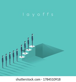 Unemployment, job losses and economy crisis due to covid-19, coronavirus vector concept. Line of people walking to hole. Income loss, financial recession, layoffs symbol. Eps10 vector illustration.