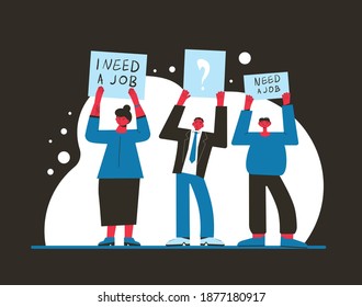 Unemployment. Job search. Dismissed people standing with banners isolated on white background. Activism. Vector flat illustration. 