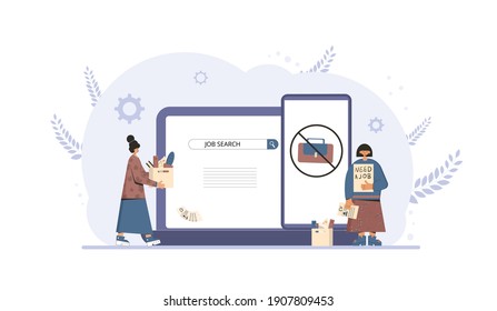 Unemployment. Job search. Two dismissed coworkers try to find a work online. Fired people standing near huge phone and laptop. Vector flat illustration. 