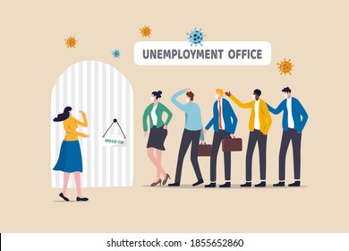 Unemployment, Jobless Or Lay Off Due To COVID-19 Coronavirus Pandemic Causing Economic Crisis Concept, Jobless People Wearing Mask In Long Queue Line In Front Of Unemployment Office, Virus Pathogen.