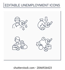 Unemployment Line Icons Set. Beggar,lost Savings.Unemployment Services. Joblessness Concept. Isolated Vector Illustrations.Editable Stroke