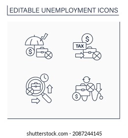 Unemployment Line Icons Set. Cyclical Unemployment. Tax, Insurance. Joblessness Concept. Isolated Vector Illustrations.Editable Stroke