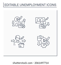 Unemployment Line Icons Set. Rate, Downsizing, Jobless, Pay Cuts. Joblessness Concept. Isolated Vector Illustrations.Editable Stroke
