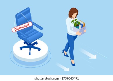 Unemployment, loss job, crisis, jobless and employee job reduction. Dismissed sad man carrying box with her things. Isometric vector illustration