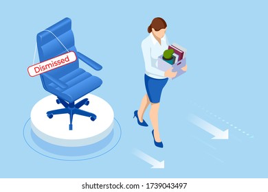 Unemployment, loss job, crisis, jobless and employee job reduction. Dismissed sad man carrying box with her things. Isometric vector illustration