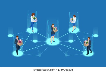 Unemployment, loss job, crisis, jobless and employee job reduction. Dismissed sad man carrying box with her things. Isometric vector illustration