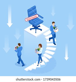 Unemployment, loss job, crisis, jobless and employee job reduction. Dismissed sad man carrying box with her things. Isometric vector illustration